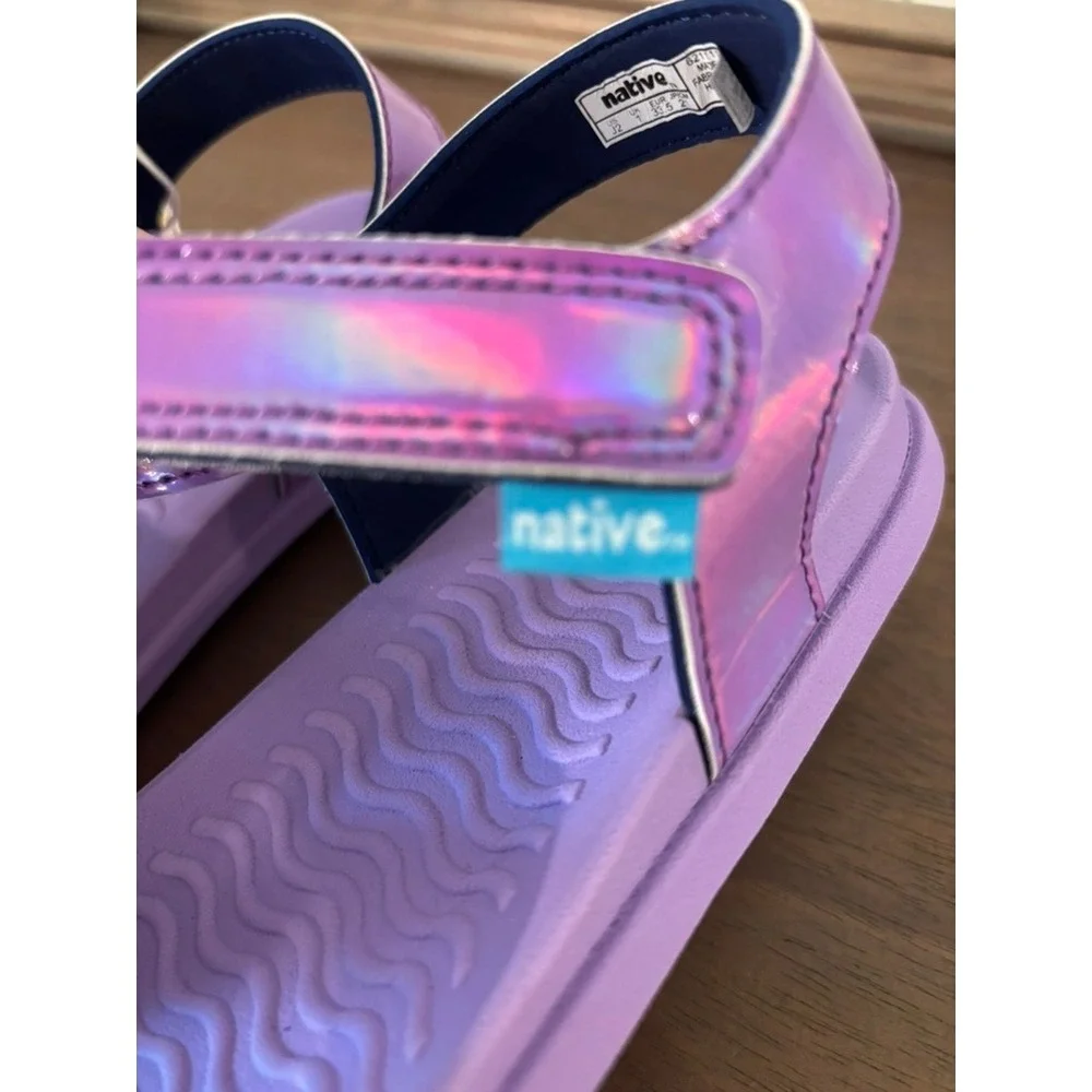 New Native Sandals Girls Sz J2 Charley Sugarlite Purple Haze Hologram Iridescent